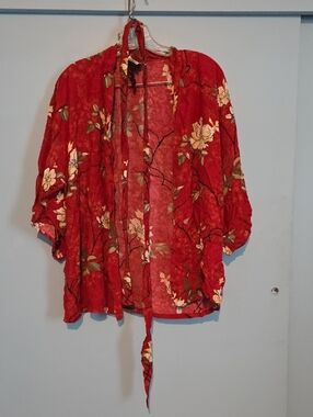 Naturally Yours Red Floral Kimono Robe - Lightweight Women's Cover-Up